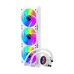 TS4 360 WH AIO CPU cooler with white radiator and three RGB fans, featuring an LCD pump head for temp monitoring.