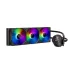 TS4 360 AIO CPU cooler with three RGB fans and an LCD display on the pump head for PC temperature monitoring.
