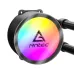 Antec Omni 240 ARGB AIO Liquid CPU Cooler pump block view featuring ARGB illuminated logo design