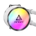 Antec Omni 360 ARGB AIO Liquid CPU Cooler pump block view featuring ARGB illuminated logo design