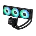Radiator view of ASUS MAX Gaming LC 360 ARGB LCD CPU Cooler with triple RGB fans and pump display showing system stats.