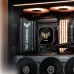 Interior view of ASUS TUF Gaming LC III 360 ARGB LCD CPU Cooler installed in a TUF Gaming PC build with orange accents.