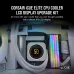 Case view of Corsair iCUE ELITE CPU Cooler LCD Display Upgrade Kit with IPS LCD showing CPU temp 50°C among RGB components.
