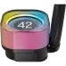 Front-facing close-up of the Corsair iCUE Link H100i LCD RGB CPU Cooler's illuminated LCD module with dynamic rainbow lighting effects.