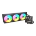 Angled view of Poseidon Vistek Pro ARGB 360 AIO cooler with vibrant RGB fans and LCD screen displaying temperature data