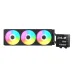 Poseidon Vistek Pro ARGB 360 liquid cooler with triple RGB fans and square LCD pump display showing CPU temp and stats
