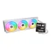 Angled view of Poseidon Vistek Pro ARGB 360 AIO cooler with vibrant RGB fans and LCD screen displaying temperature data