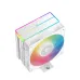 Angled view of the white DeepCool AG400 WH ARGB V2 CPU cooler with a rainbow-lit fan and illuminated top cover.