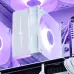 Close-up of the white DeepCool AG400 WH ARGB V2 CPU cooler inside a PC case, illuminated with purple ARGB lighting.