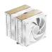 Dual-tower white CPU cooler with aluminum fins, dual fans, and wood-textured top cover