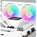 DeepCool LD360 WH CPU cooler in white, showcasing its illuminated water block with a digital display and ARGB fans.