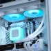 DeepCool LE240 V2 ARGB CPU Cooler in white, showing the illuminated water block and two fans inside a PC case.