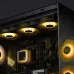 Deepcool LE360 V2 CPU cooler's water block displays a temperature reading on an LED screen, with ARGB lighting and two fans visible.