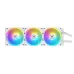 Radiator of Thermaltake MAGFloe 360 Ultra ARGB Sync Snow CPU Cooler with triple RGB fans in rainbow lighting.
