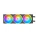 Radiator of Thermaltake MAGFloe 360 Ultra ARGB Sync CPU Cooler with triple RGB fans in rainbow lighting.