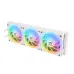 Radiator of Thermaltake MINECUBE 360 Ultra ARGB Sync Snow CPU Cooler with triple RGB fans in rainbow lighting.