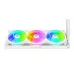 Top viewpoint of the Thermaltake TH360 V3 Ultra ARGB Sync CPU Cooler Snow showcasing three glowing fans on its radiator.