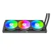 Top viewpoint of the Thermaltake TH360 V3 Ultra ARGB Sync CPU Cooler showcasing three glowing fans on its radiator.