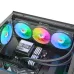 Angled viewpoint of the Thermaltake TH360 V3 Ultra ARGB Sync CPU Cooler fitted inside an open-top white computer chassis.