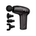 Black handheld massage gun with four interchangeable heads, digital display, and ergonomic grip on a clean white background