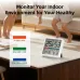 Front view of digital hygrometer on table monitoring indoor air quality with clear numeric display