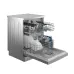 Front view of Hitachi HDF-F146VX Dishwasher stainless steel interior with organized racks and detergent compartment.