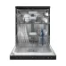Hitachi HDF-F158CVGB Dishwasher shown from the front with racks loaded with plates, bowls, and cutlery.
