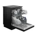 Hitachi HDF-F158CVGB Dishwasher shown open from an angled view with adjustable racks and loaded dishes.