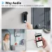 Split-screen viewpoint showing a hand pressing the SmartX TL-AH801-C3 Doorbell and an app interface.