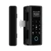Black frameless glass door smart lock with a digital screen, number pad, and fingerprint reader on the front unit.