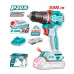 Kit view of TOTAL TDLI205582 Drill Machine with battery, charger, accessories, and packaging box displayed together.
