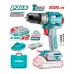 Promotional layout of TOTAL TIDLI20602 Drill Machine highlighting impact function, brushless motor, and dual batteries.