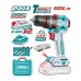 Promotional layout of TOTAL TIDLI20668 Drill Machine highlighting impact function, brushless motor, and dual batteries.