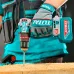 Action shot of TOTAL TIDLI426981 Drill Machine boring into wood beam with visible shavings and dust spray.