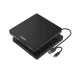 Angled view of the black Onten OTN-UCD22 portable Blu-Ray DVD drive with cable.