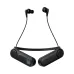 Front view of the ACEFAST N11 black neckband wireless earphones showing two built-in outer speakers, a digital battery display, and extended in-ear earbuds.