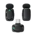 Front and back view of Acefast R2 clip-on microphone transmitters with foam covers next to a USB-C receiver.