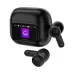 Acefast W6 TWS black wireless earbuds positioned next to a charging case with a colorful digital display screen.