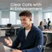 Office scene with person using Anker Soundcore C50i earbuds during laptop call, promoting AI-enhanced clear calls.