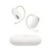 Two white soundcore V20i open-ear earbuds with ear hooks floating above their charging case.