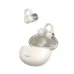 A white pair of Baseus Inspire XC1 wireless sport earbuds with ear hooks, floating above their open, cream-colored charging case.