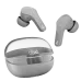 An open gray boAt Airdopes 311 Pro charging case with the two gray stem-style earbuds floating above it.