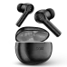 Black boAt Airdopes Supreme 413 earbuds and open charging case with gray interior, floating on a dark background.