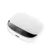 Close-up on the white leather-texture BWOO BO-BW40 charging case with a 100% digital battery display.
