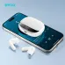 White BWOO BO-BW40 earbuds and charging case with 100% digital display, resting on a smartphone screen.