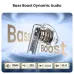 Promotional close-up of BWOO BO-BW41 Earbuds highlighting Bass Boost Dynamic Audio with internal speaker driver illustration
