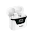 White BWOO BW50 earbuds in their open charging case, showing the digital display reading 