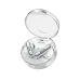High-angle shot of two silver BWOO BW95 earbuds in a clear, round charging case with the lid open.