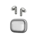 The silver Edifier EvoBuds Pro earbuds, with their stems, displayed above their matching charging case.