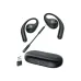 Black open-ear earbuds with charging case and USB dongle, designed for active use with secure fit and portability.
